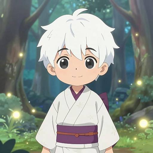 Cute White-Haired Anime Boy in Mystical Forest