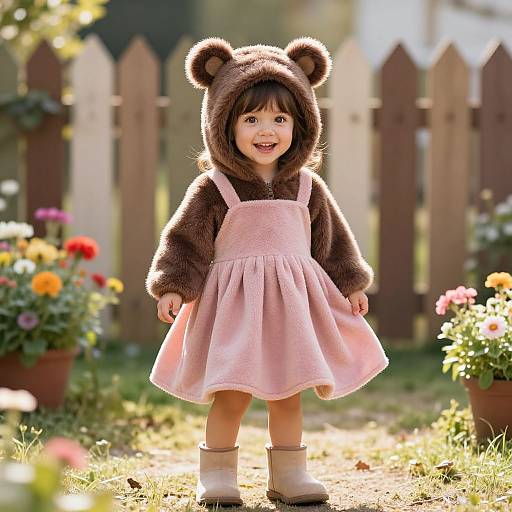 Photograph of a smiling toddler in a pink dress, brown bear hood, and white boots, standing in a sunlit garden with colorful flowers and a