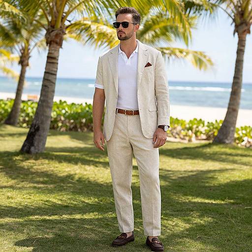 Charming Man in Beige Suit on Tropical Beach