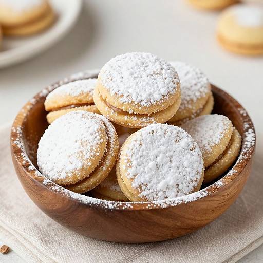 Photograph of a wooden bowl filled with powdered sugar-coated round cookies, set on a beige cloth with blurred background.