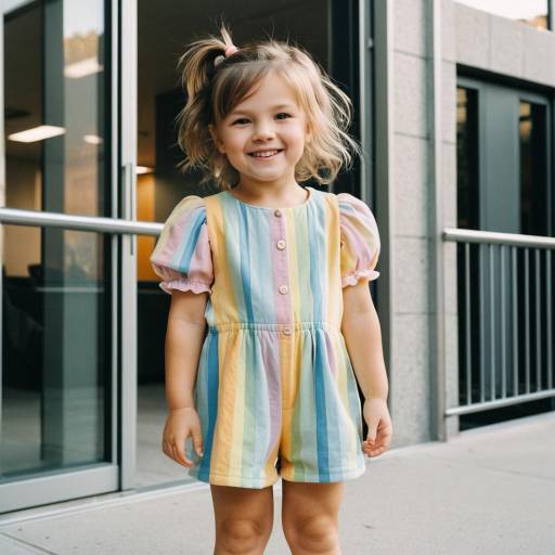Smiling Toddler Girl in Pastel Rainbow Romper