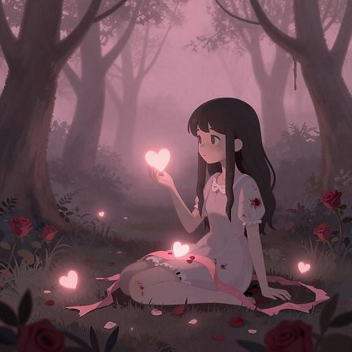 Undead Girl with Glowing Hearts in Foggy Rose Grove