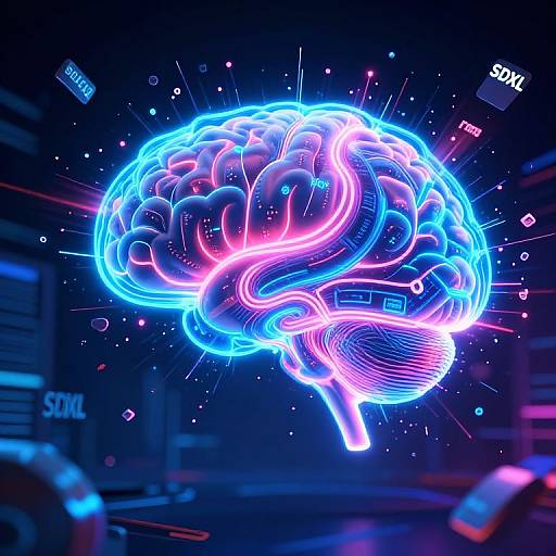 Neon-lit, glowing brain hologram floating in a futuristic, dark-blue room with scattered digital elements and neon accents. CGI artwork with vivid blue