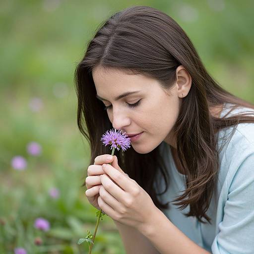Woman Enjoying Fragrant Flowers
