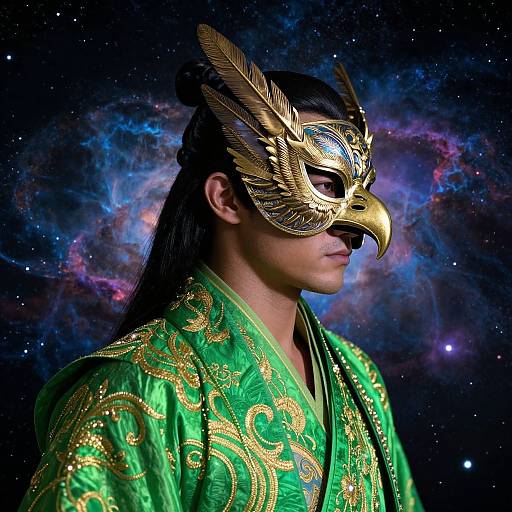 Photograph of an Asian man in a green embroidered robe, wearing a gold eagle mask, against a cosmic starry background.
