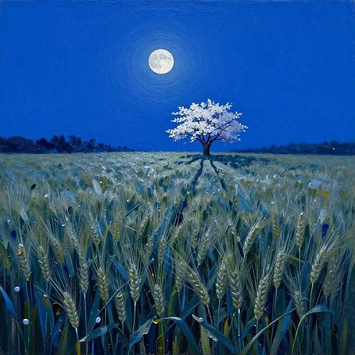 Photograph of a single glowing white tree under a bright full moon in a blue-tinted wheat field at night.