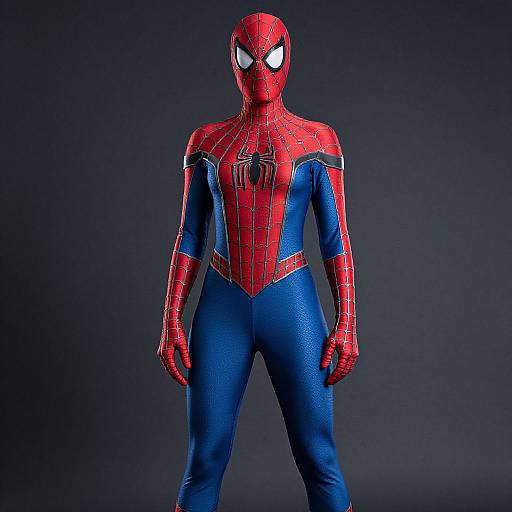 Photograph of a male figure in a detailed, red and blue Spider-Man costume with white eyes, standing against a dark background.