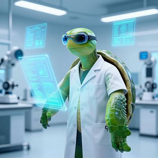 CGI image of a green turtle in a white lab coat wearing blue goggles, standing in a futuristic lab with holographic blue screens.