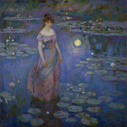 Impressionist Woman by Moonlit Lily Pond