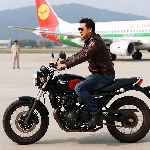 Stylish Biker at Airport with Planes