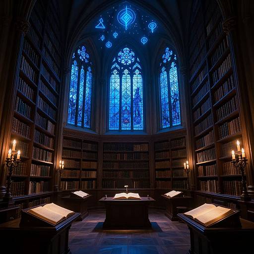 Photograph of a dimly-lit, medieval-style library with tall, blue-stained Gothic windows, wooden bookshelves, candles, and open