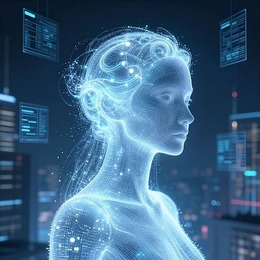 Digital artwork of a glowing, wireframe woman with illuminated hair in a futuristic cityscape, surrounded by neon-lit buildings. Blue and white hues dominate