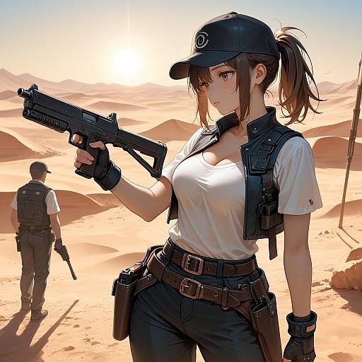 Armed Woman in Desert Landscape