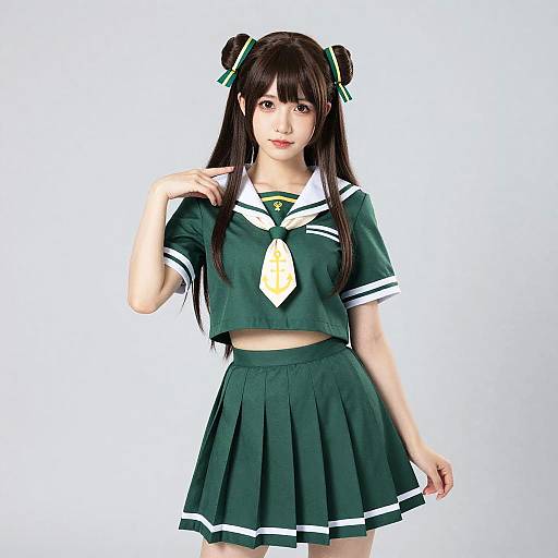 Photograph of an Asian woman with long black hair in twin buns, wearing a green Japanese schoolgirl uniform with white trim and yellow tie, standing