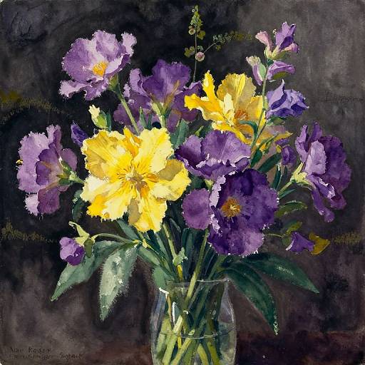 Watercolor painting of a clear glass vase holding vibrant yellow and purple irises with green leaves, set against a dark, textured background. Artist signature visible