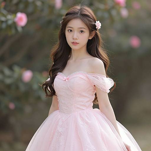 Photograph of an East Asian woman with long, wavy dark brown hair wearing a pink, off-shoulder, lace-embellished ball