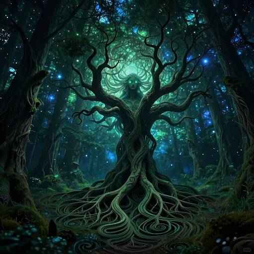 Digital fantasy artwork of a glowing, ethereal tree with twisted roots in a dark, enchanted forest filled with blue and green bioluminescent lights.