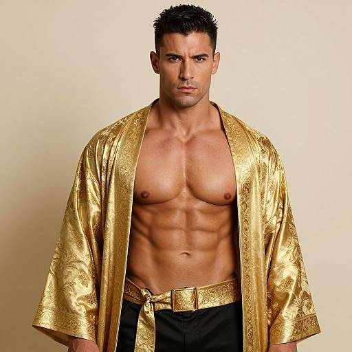 Photograph of a muscular, fair-skinned man with short black hair, wearing an open, gold embroidered robe, revealing defined abs, against a plain