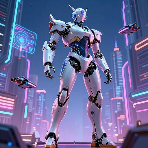 CGI image of a white, futuristic, humanoid robot standing in a neon-lit, cyberpunk cityscape with glowing skyscrapers and holographic