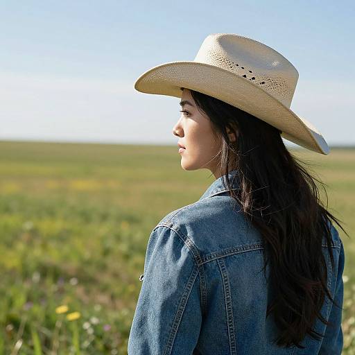 Young woman with long black hair, wearing a white cowboy hat and blue denim jacket, stands in a sunlit, green field. Photograph.
