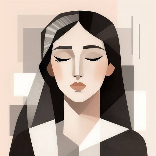 Digital illustration of a serene, fair-skinned woman with closed eyes, long black hair, and soft pink lips, wearing a black top. Abstract,