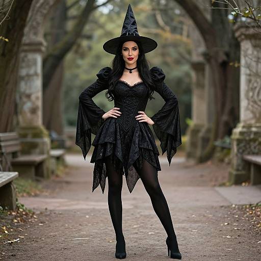 Photograph of a confident woman in black witch attire with a pointed hat, long dress, black stockings, and high heels, standing in a wooded,