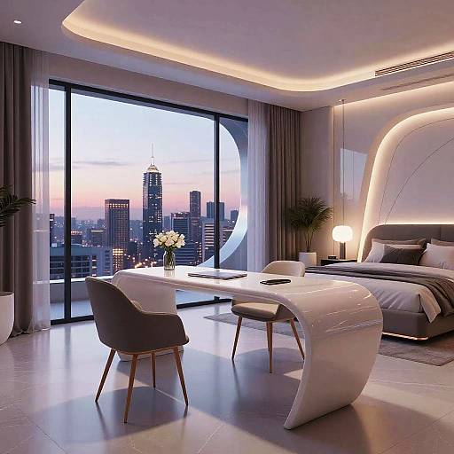 Modern luxury bedroom with a curved white desk, cityscape view, sunset sky, illuminated ceiling, gray chairs, white flowers, and sleek furniture.