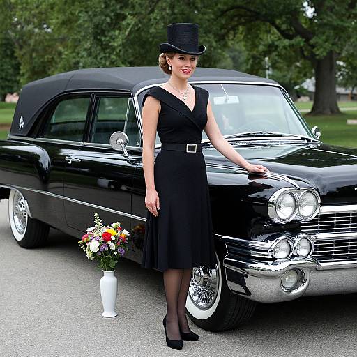 Elegant Woman Beside Vintage Hearse