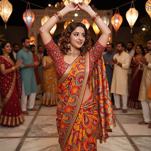 Photograph of a smiling South Asian woman in a vibrant orange and red traditional saree, adorned with intricate patterns, dancing in a warmly lit, decorated