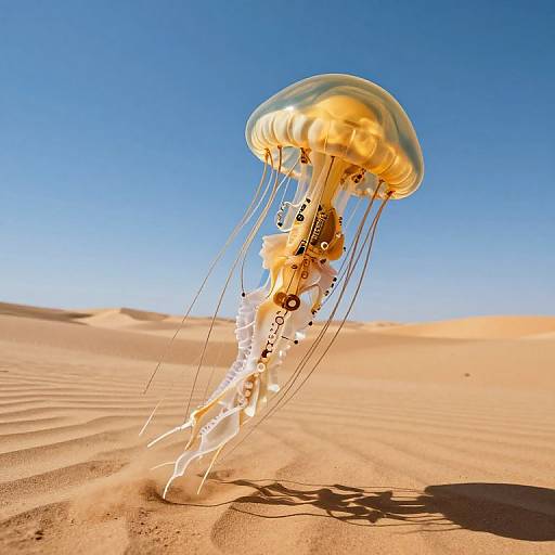 Photograph of a glowing yellow jellyfish with long, translucent tentacles floating over golden sand dunes under a clear, blue sky.