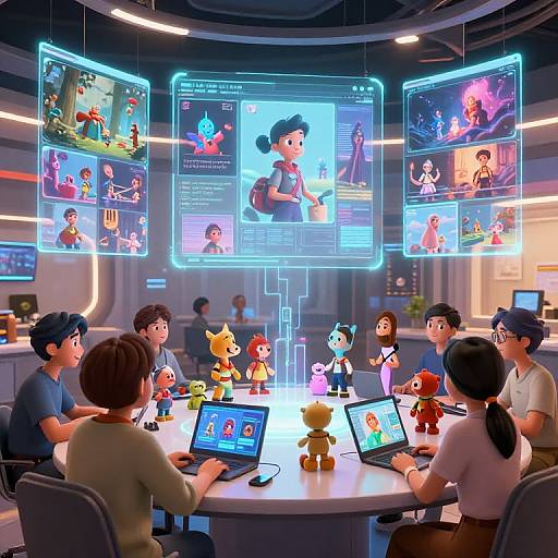 Digital illustration of a modern, futuristic team meeting with diverse, anime-style characters, laptops, and floating holographic screens displaying colorful, animated characters and data