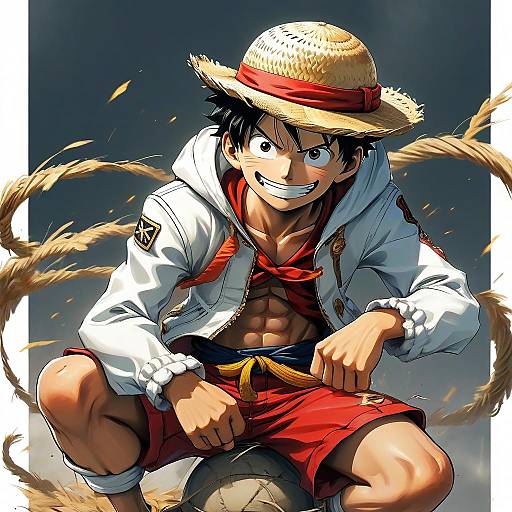 Digital anime-style drawing of Monkey D. Luffy from One Piece, wearing a straw hat, white jacket, red shorts, and revealing abs, with