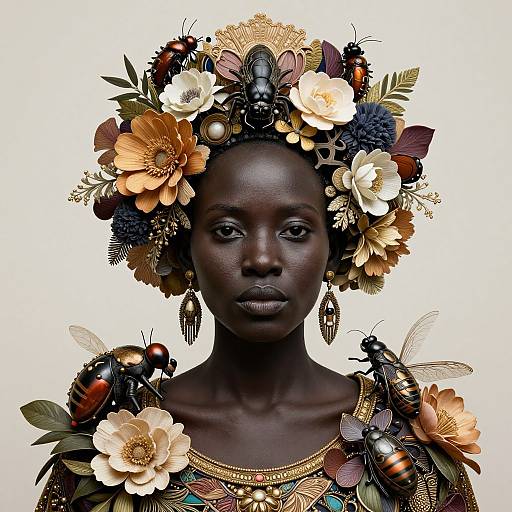 Photorealistic digital portrait of a dark-skinned woman with intricate floral and insect headpiece, adorned with butterflies, beetles, and flowers.