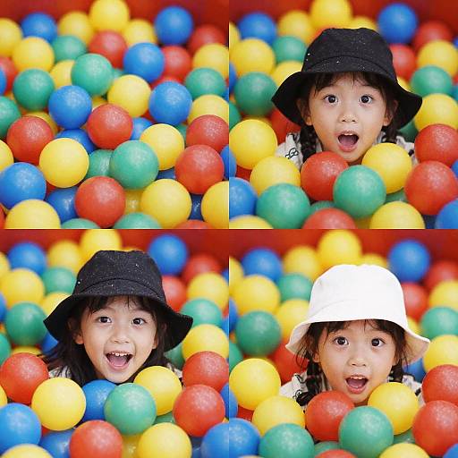 Photograph of an Asian child with black and white hats, smiling and looking surprised amidst a colorful ball pit.