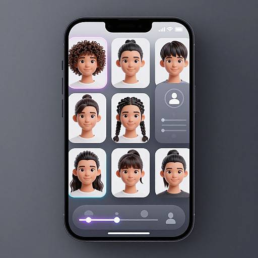 Digital illustration of a smartphone screen displaying six diverse 3D avatar faces with curly, ponytail, and straight hair styles. Background is dark gray.