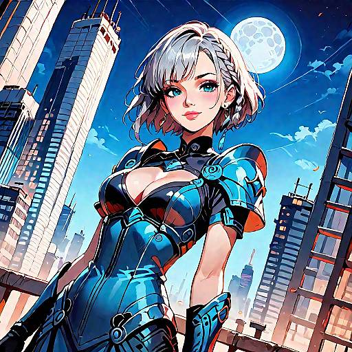 Anime Woman in Futuristic Armor at Night Cityscape
