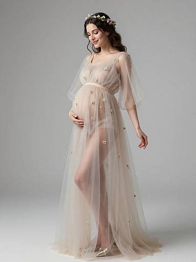 Dreamy Pregnant Woman in Ethereal Tulle Dress
