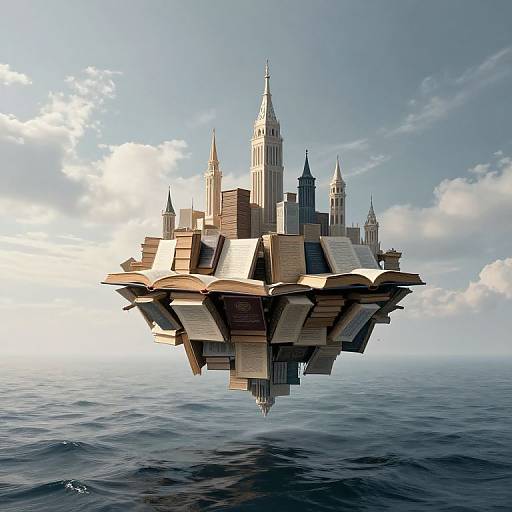 Digital artwork of a floating city made from stacked books, with skyscrapers, and spires, hovering above a vast ocean under a cloudy sky.