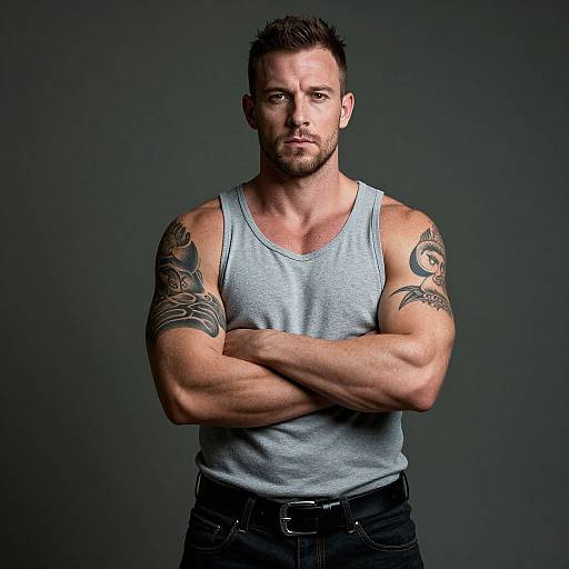 Photograph of a muscular, bearded white man with short brown hair, wearing a gray tank top and black jeans, standing with crossed arms, showcasing