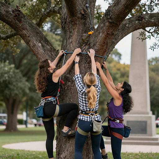 Three Women Climbing a Large Tree