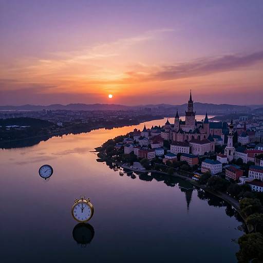 Photograph of a sunset over a city with a reflective river, featuring two clock towers, and a skyline with purple, orange, and pink sky.