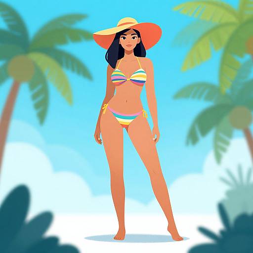 Digital illustration of a tan-skinned woman with black hair, wearing a colorful striped bikini and wide-brimmed orange hat, standing under clear blue sky