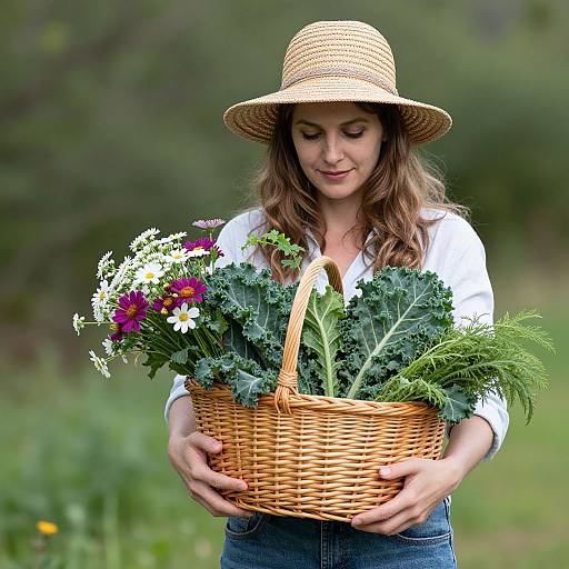 Photograph of a smiling woman with wavy brown hair, wearing a straw hat and white shirt, holding a wicker basket filled with fresh kale,