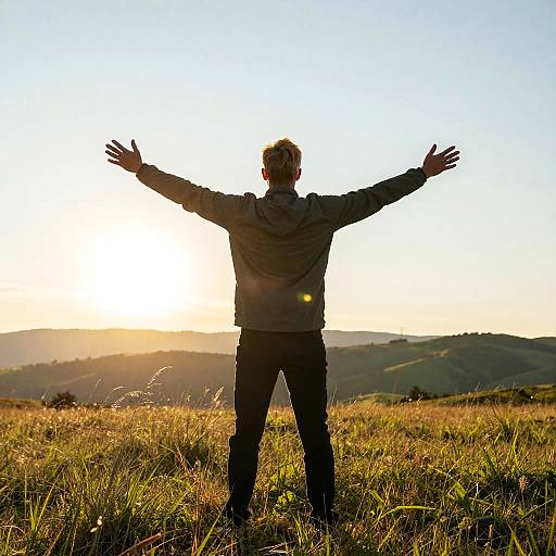 Blonde Boy Embracing Sunset in Field