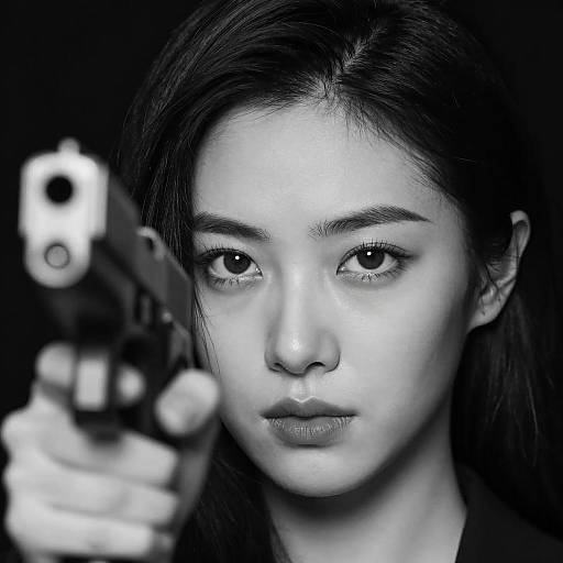 Monochrome Portrait of Woman Aiming Handgun