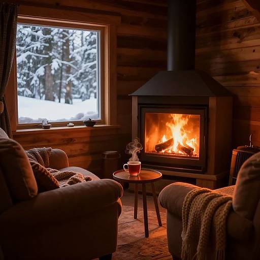 Cozy log cabin living room with a roaring fireplace, snow-covered window, two armchairs, red mug on round table, and warm lighting.