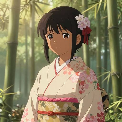 Digital anime-style drawing of a young woman with black hair, wearing a floral kimono, red obi, and white flower hairpin, standing in