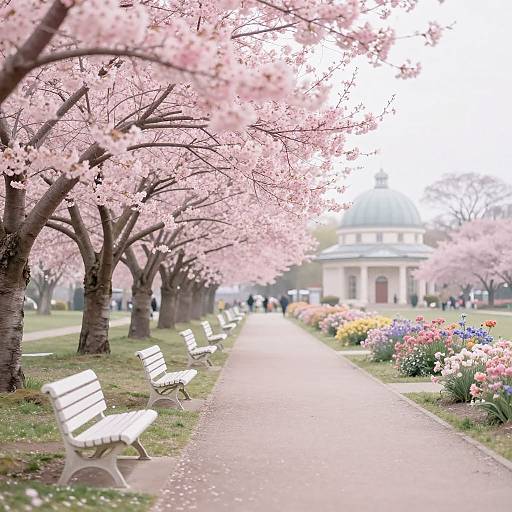 Photograph of a serene cherry blossom-lined pathway with white benches, colorful flowerbeds, and a distant domed building in the background.