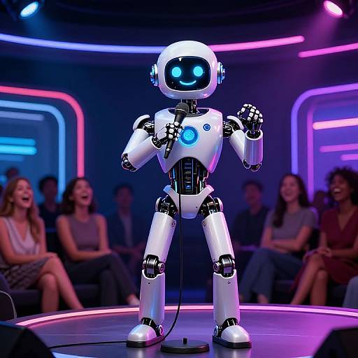 Photograph of a white, glowing blue-eyed, smiling robot on stage, with a blue circular chest emblem, in a neon-lit audience room,
