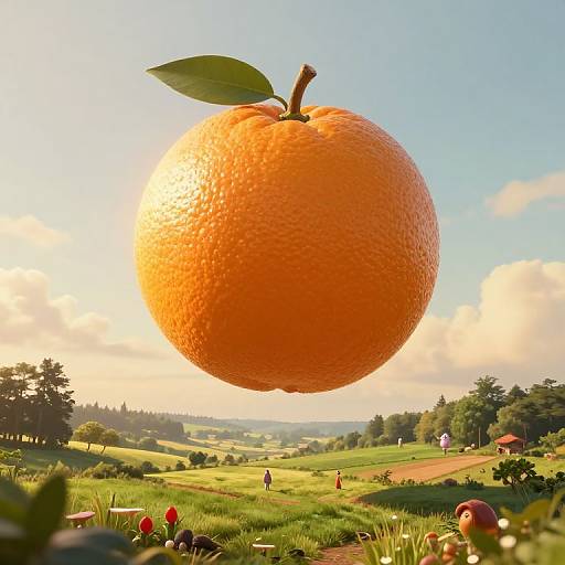 Photograph of a giant, orange, textured orange with a green leaf, floating above a vibrant, sunlit countryside with rolling hills, trees, and
